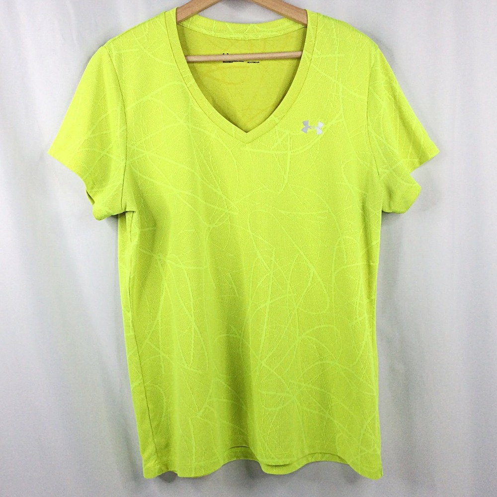 Under Armour Heat Gear Tech Top Womens XL Loose Blaze Yellow V-Neck Short Sleeve
